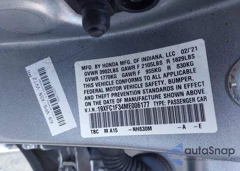 2021 Honda Civic Ex z USA, uszkodzony, nr VIN 19XFC1F34ME006177